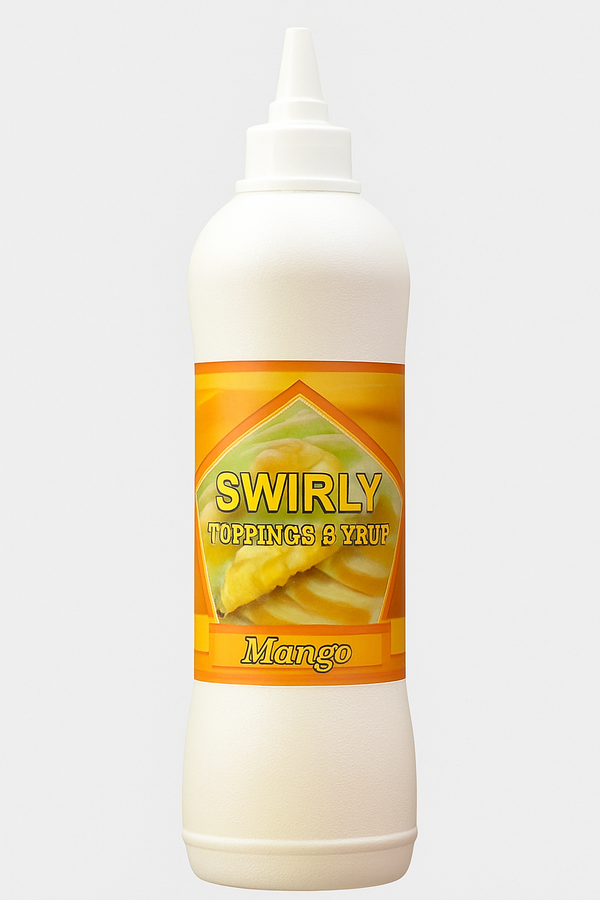 Swirly Mango Topping Syrup Bottle 750 Gram with Smooth White Design