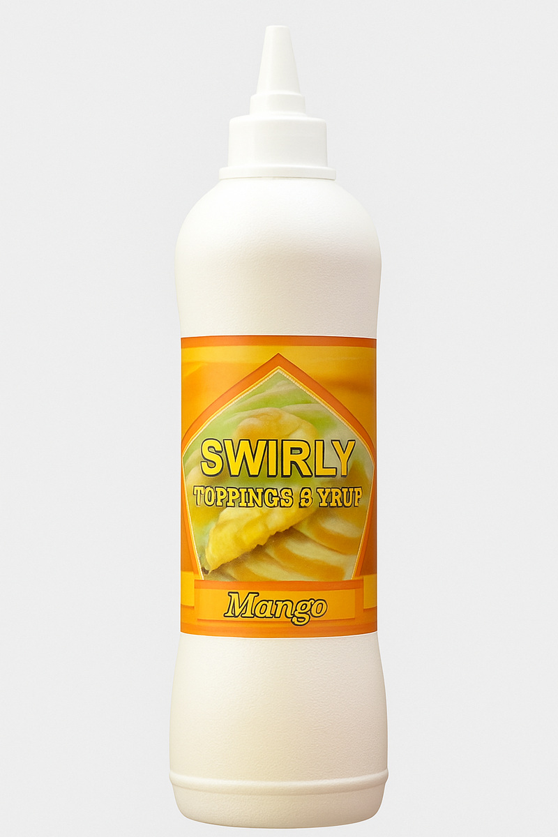 Swirly Mango Topping Syrup Bottle 750 Gram with Smooth White Design